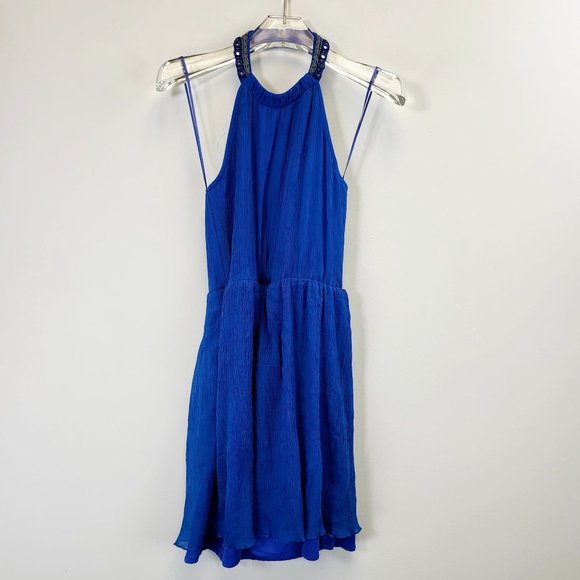 ZARA Dress Blue Mini SMALL Halter Beaded Open back Fit & Flare A-line Sparkle - Picture 3 of 10